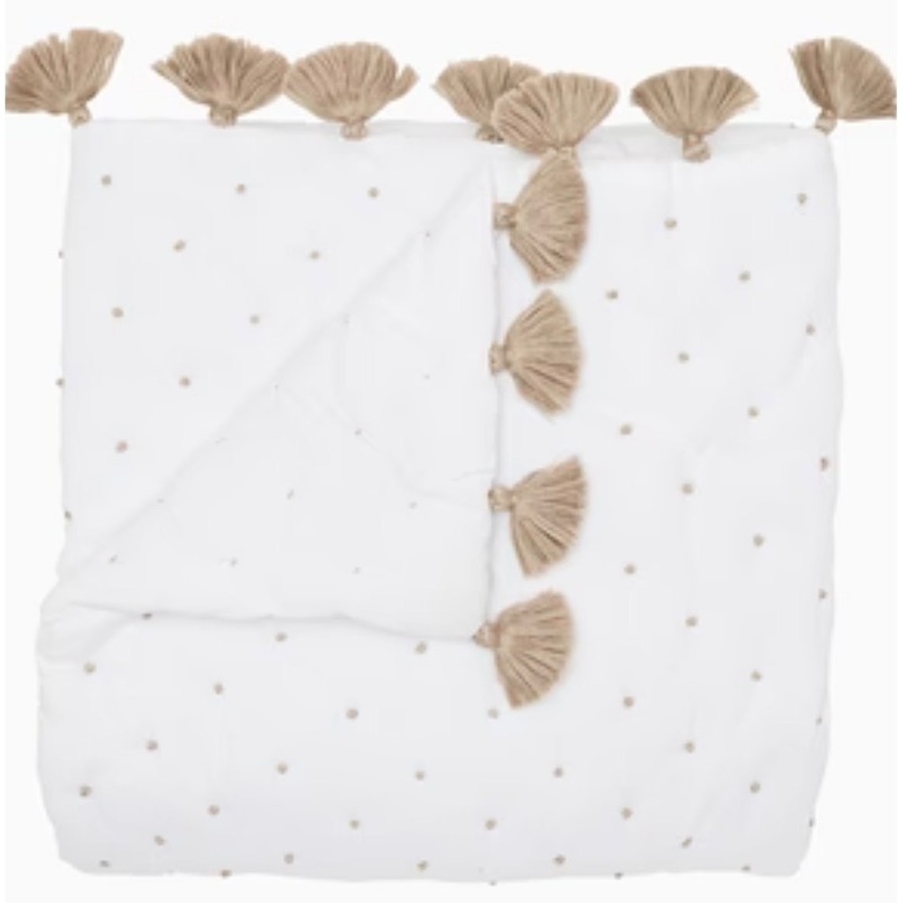John Robshaw French Knot Throw Blanket 50x70 White Sand New Tassel Quilted Boho